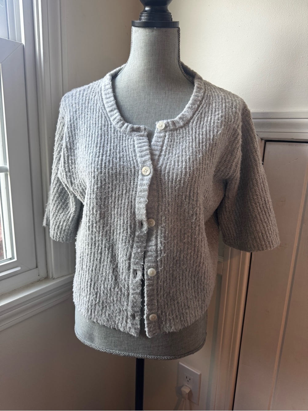 aerie Light Gray Short-Sleeve Button Front Cardigan